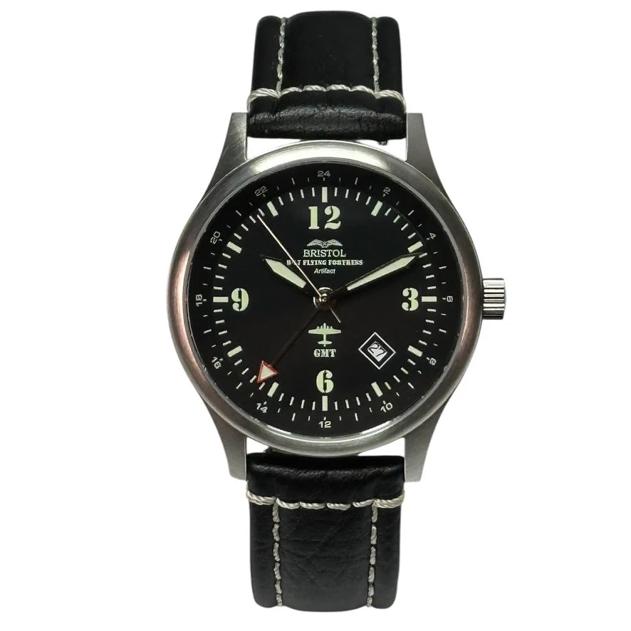 B-17 Tribute - Stainless Steel, Brush Finish, Black Dial, Black Leather Band with Stitching