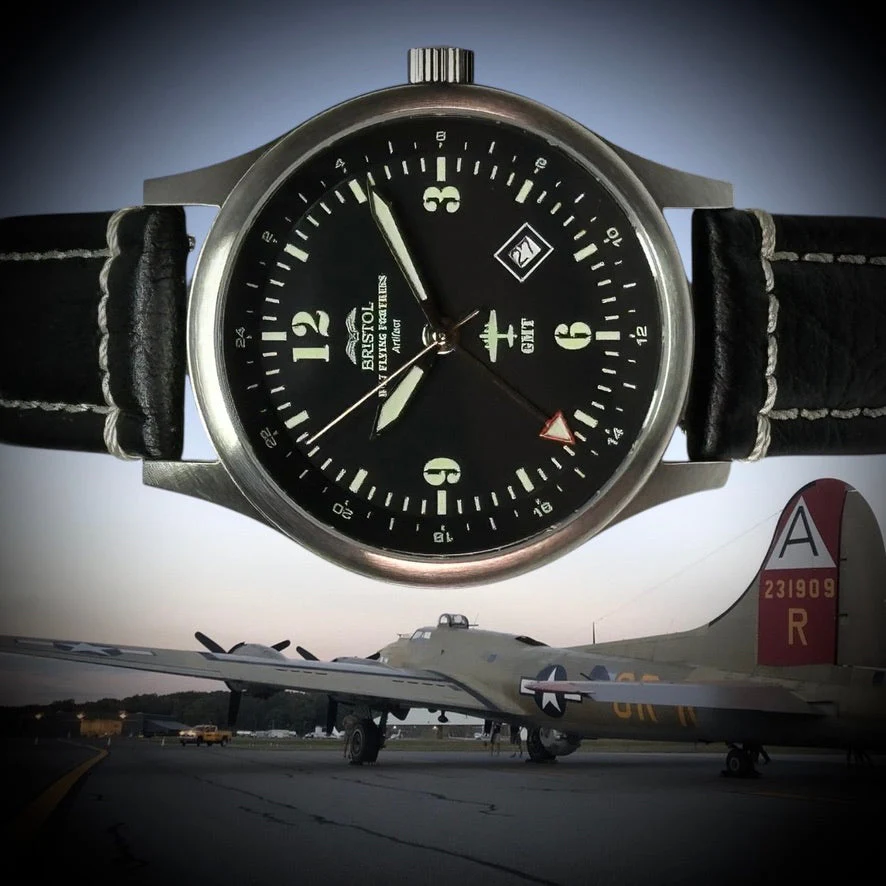 B-17 Tribute - Stainless Steel, Brush Finish, Black Dial, Black Leather Band with Stitching - Image 4