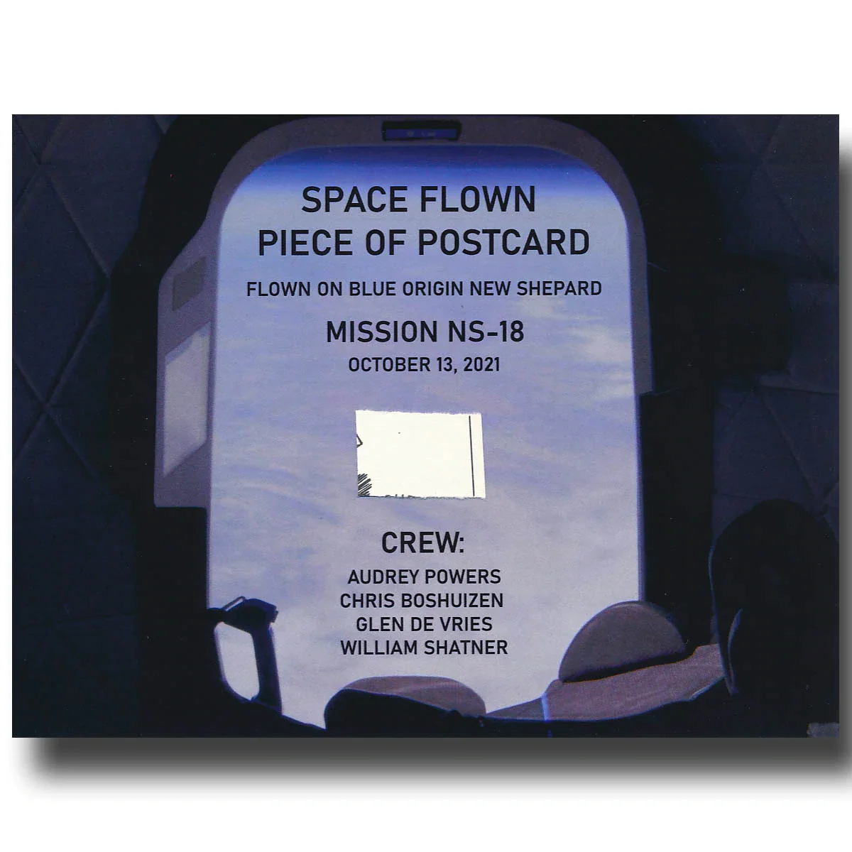BLUE ORIGIN NS-18 WITH WILLIAM SHATNER FLOWN POSTCARD FRAGMENT